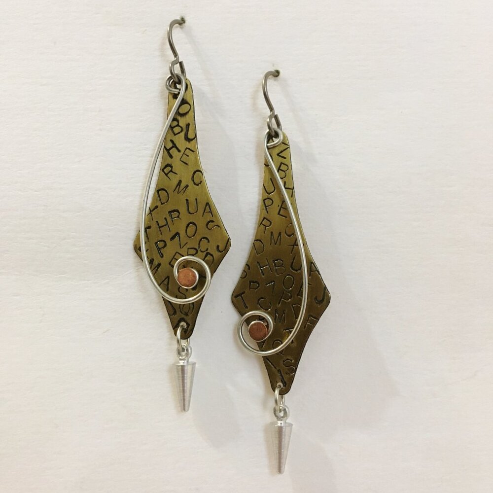 Letter Drop Earrings Mixed Metal Unique Brass Copper Aluminum Handcrafted New